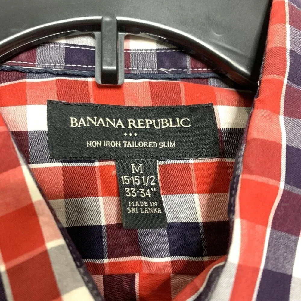 Banana Republic Mens Button Front Shirt Red Blue‎ White Plaid Non Iron Tailored